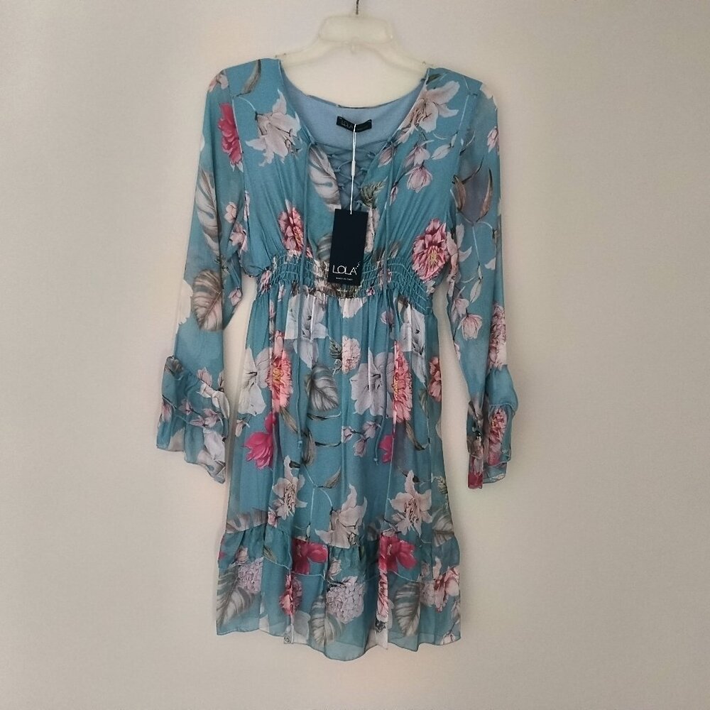 Lola  NWT V Neck Smocked Waist Floral Dress  Lined   Made in Italy  Size L